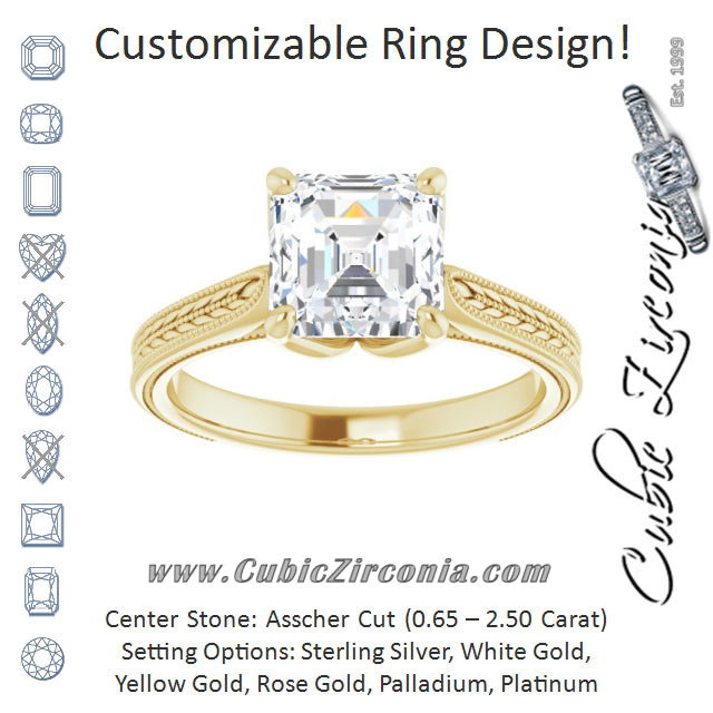 Cubic Zirconia Engagement Ring- The Dulcia (Customizable Asscher Cut Solitaire with Wheat-inspired Band)