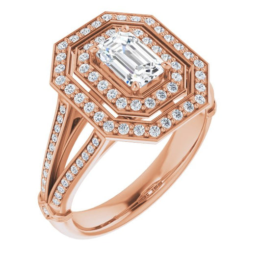 10K Rose Gold Customizable Cathedral-set Emerald/Radiant Cut Design with Double Halo, Wide Split-Shared Prong Band and Side Knuckle Accents