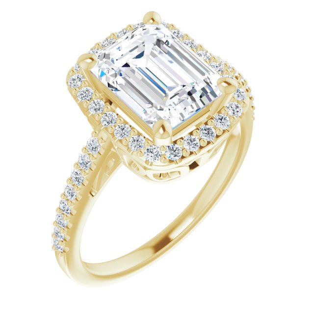10K Yellow Gold Customizable Cathedral-Crown Emerald/Radiant Cut Design with Halo and Accented Band