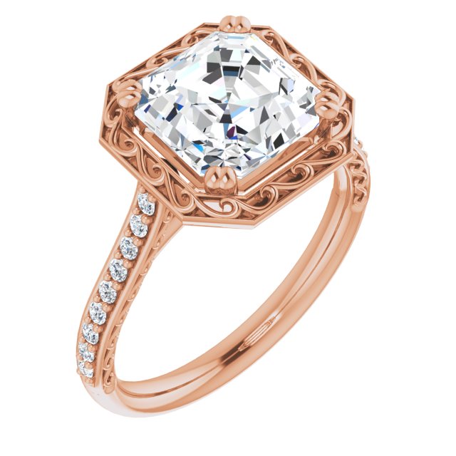 10K Rose Gold Customizable Asscher Cut Halo Design with Filigree and Accented Band