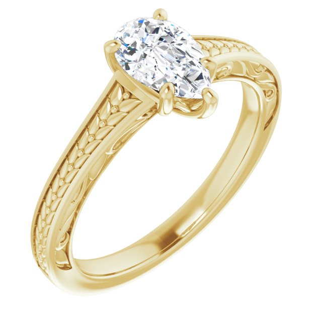 10K Yellow Gold Customizable Pear Cut Solitaire with Organic Textured Band and Decorative Prong Basket