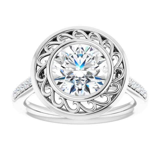 Cubic Zirconia Engagement Ring- The Hailey Belle (Customizable Cathedral-Bezel Round Cut Design with Floral Filigree and Thin Shared Prong Band)