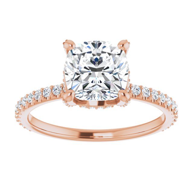 Cubic Zirconia Engagement Ring- The Maleny (Customizable Cushion Cut Design with Round-Accented Band, Micropavé Under-Halo and Decorative Prong Accents))