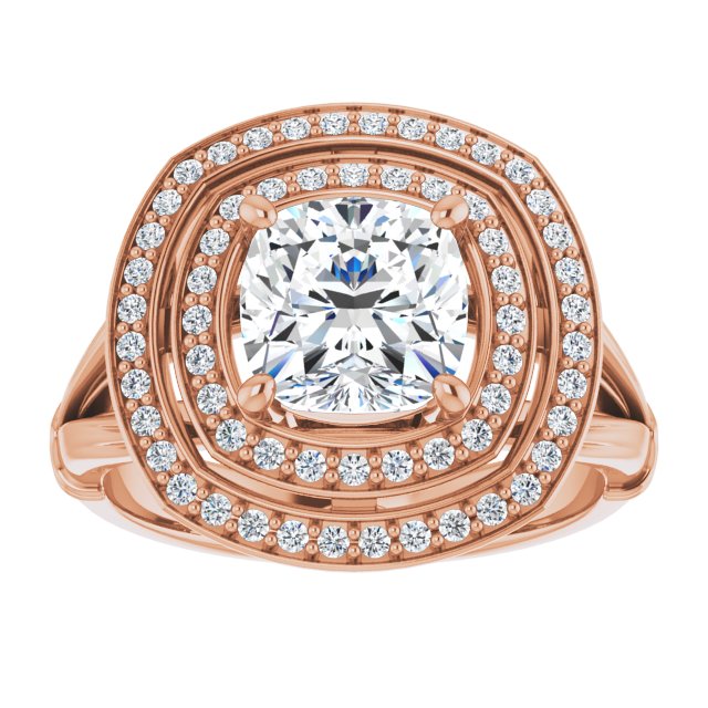 Cubic Zirconia Engagement Ring- The Cheryl (Customizable Cathedral-set Cushion Cut Design with Double Halo, Wide Split Band and Side Knuckle Accents)
