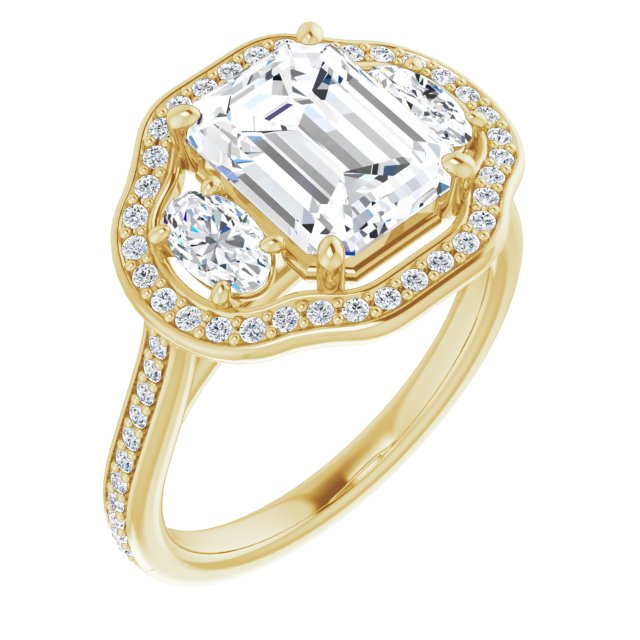 10K Yellow Gold Customizable Emerald/Radiant Cut Style with Oval Cut Accents, 3-stone Halo & Thin Shared Prong Band