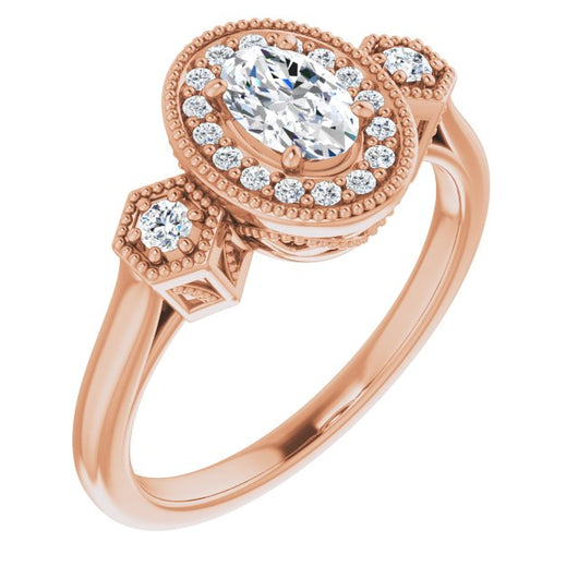 10K Rose Gold Customizable Cathedral Oval Cut Design with Halo and Delicate Milgrain