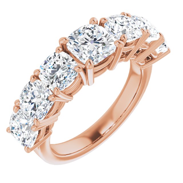 10K Rose Gold Customizable 7-stone Cushion Cut Design with Large Round-Prong Side Stones