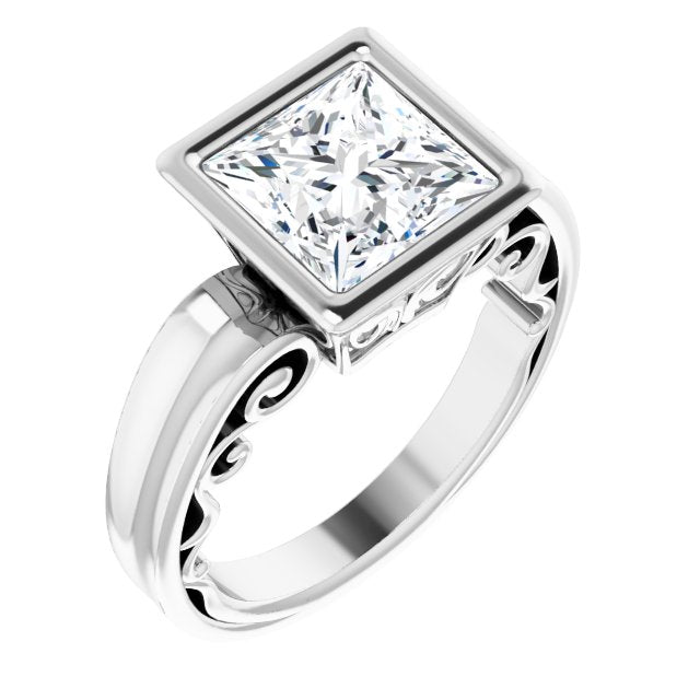 10K White Gold Customizable Bezel-set Princess/Square Cut Solitaire with Wide 3-sided Band