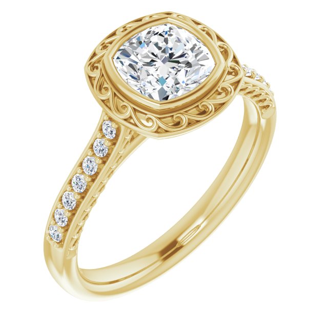 10K Yellow Gold Customizable Cathedral-Bezel Cushion Cut Design featuring Accented Band with Filigree Inlay