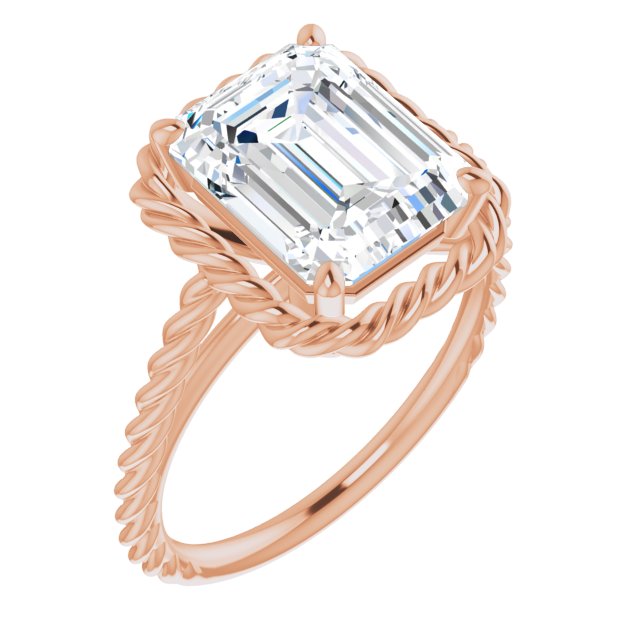 10K Rose Gold Customizable Cathedral-set Emerald/Radiant Cut Solitaire with Thin Rope-Twist Band