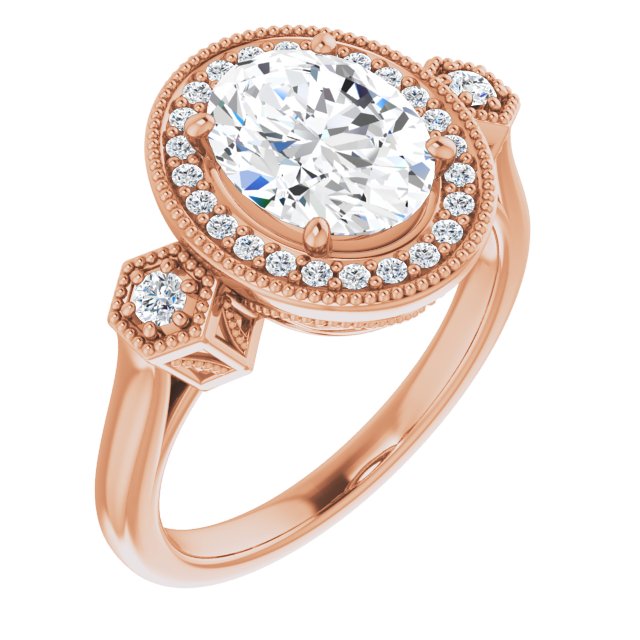 10K Rose Gold Customizable Cathedral Oval Cut Design with Halo and Delicate Milgrain