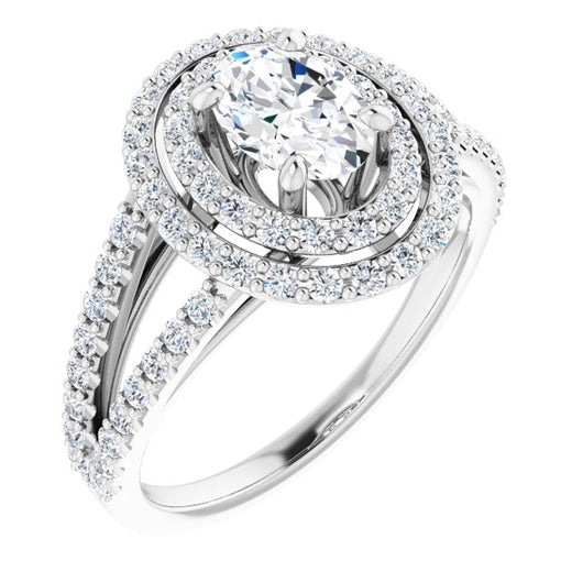 10K White Gold Customizable Oval Cut Design with Double Halo and Wide Split-Pavé Band
