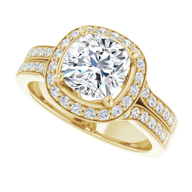 Cubic Zirconia Engagement Ring- The Ginny Lynn (Customizable Cushion Cut Halo Style with Accented Split-Band)