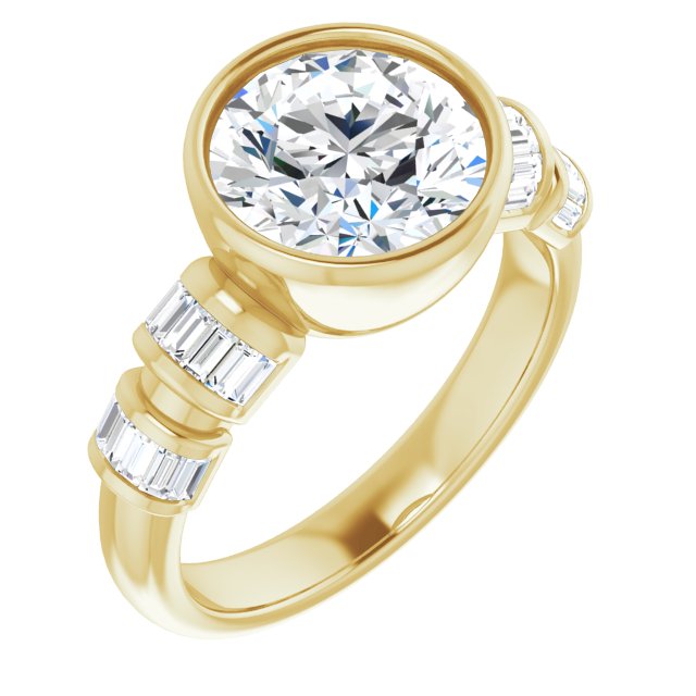 14K Yellow Gold Customizable Bezel-set Round Cut Design with Quad Horizontal Band Sleeves of Baguette Accents