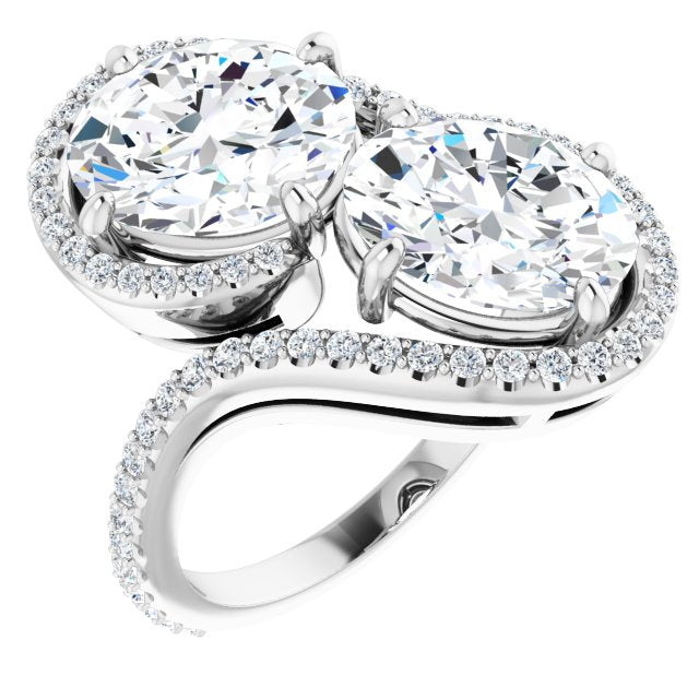 18K White Gold Customizable Double Oval Cut 2-Stone Style Enhanced with Accented Artisan Bypass Band