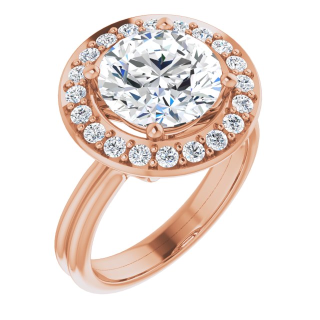 10K Rose Gold Customizable Cluster-Halo Accented Round Cut Style with Tapered Dual Band