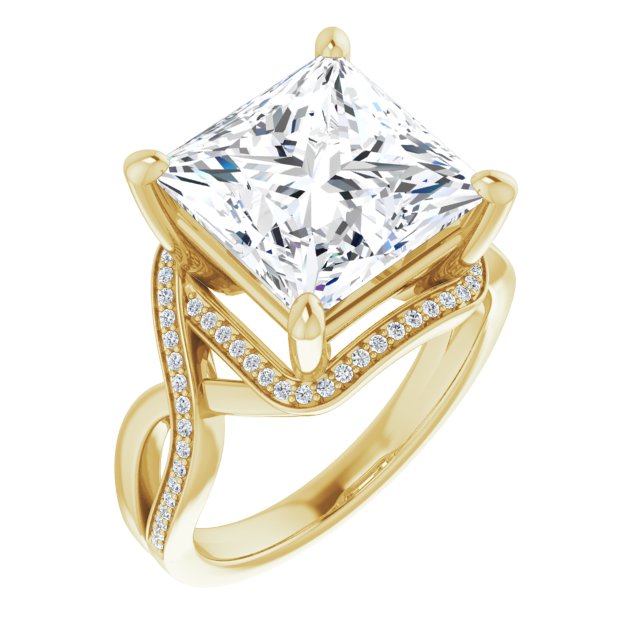10K Yellow Gold Customizable Bypass-Halo-Accented Princess/Square Cut Center with Twisting Split Shared Prong Band