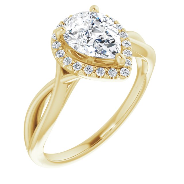 10K Yellow Gold Customizable Cathedral-Halo Pear Cut Design with Twisting Split Band