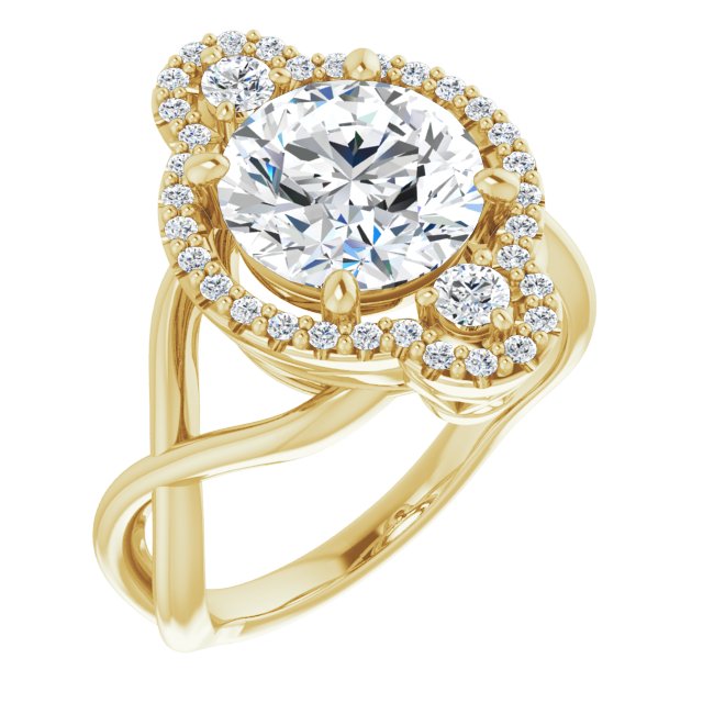 10K Yellow Gold Customizable Vertical 3-stone Round Cut Design Enhanced with Multi-Halo Accents and Twisted Band