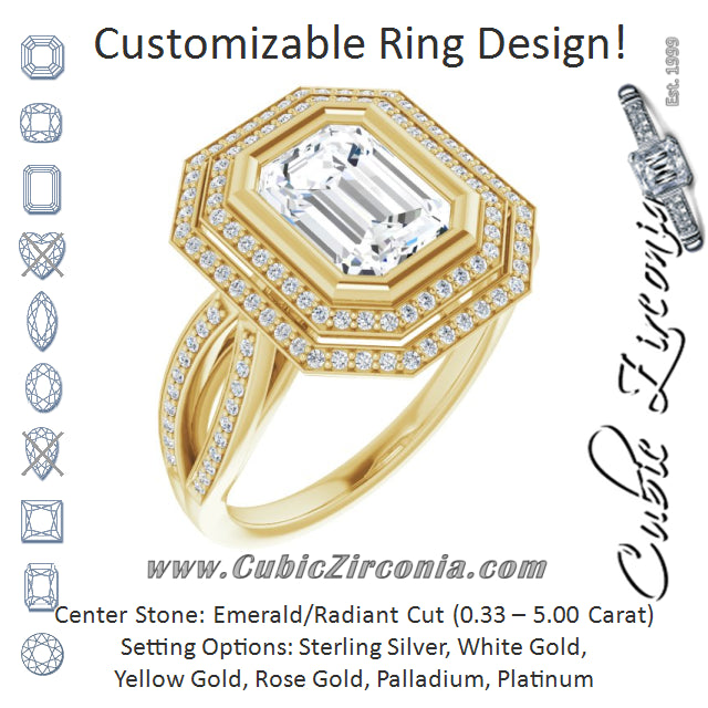 Cubic Zirconia Engagement Ring- The Eliana (Customizable Bezel-set Emerald Cut Style with Double Halo and Split Shared Prong Band)