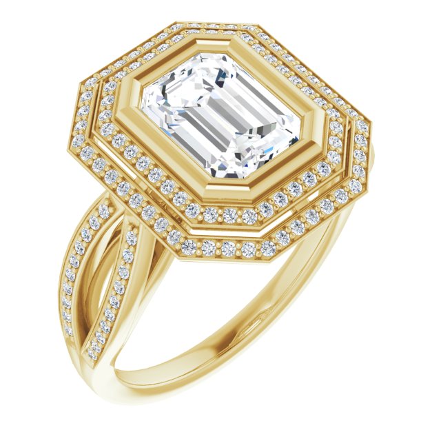 Cubic Zirconia Engagement Ring- The Eliana (Customizable Bezel-set Emerald Cut Style with Double Halo and Split Shared Prong Band)