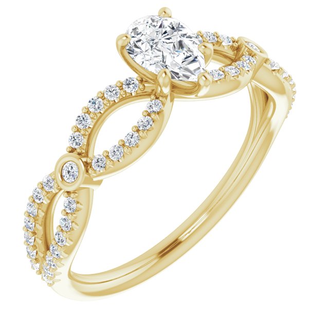 10K Yellow Gold Customizable Pear Cut Design with Infinity-inspired Split Pavé Band and Bezel Peekaboo Accents