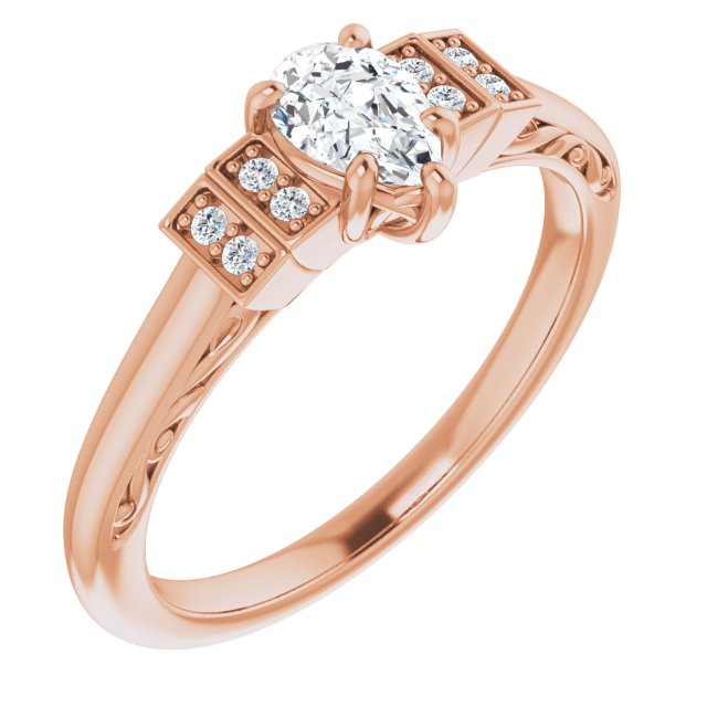 10K Rose Gold Customizable Engraved Design with Pear Cut Center and Perpendicular Band Accents