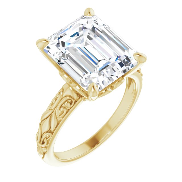 10K Yellow Gold Customizable Emerald/Radiant Cut Solitaire featuring Delicate Metal Scrollwork