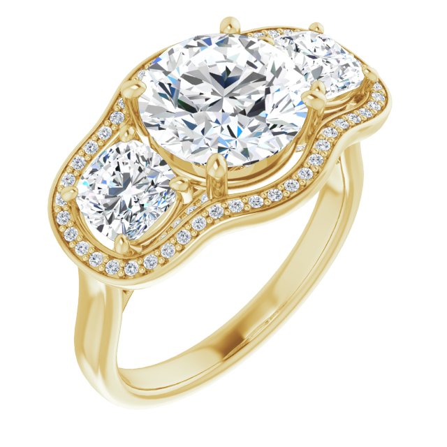 14K Yellow Gold Customizable 3-stone Design with Round Cut Center, Cushion Side Stones, Triple Halo and Bridge Under-halo