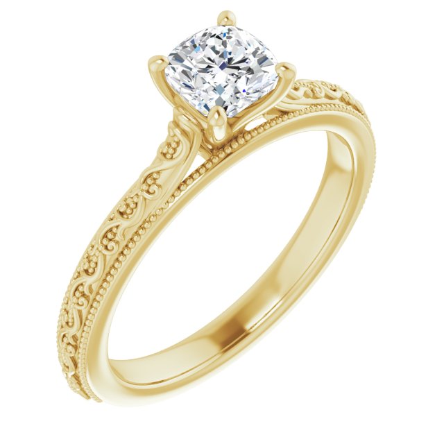 10K Yellow Gold Customizable Cushion Cut Solitaire with Delicate Milgrain Filigree Band