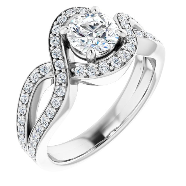 10K White Gold Customizable Round Cut Center with Infinity-inspired Split Shared Prong Band and Bypass Halo