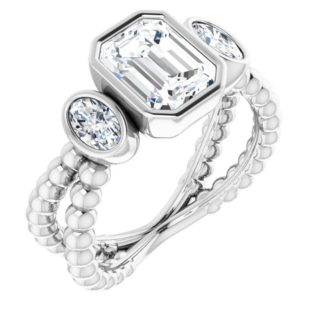 Cubic Zirconia Engagement Ring- The a'Malisa (Customizable 3-stone Emerald Cut Design with 2 Oval Cut Side Stones and Wide, Bubble-Bead Split-Band)