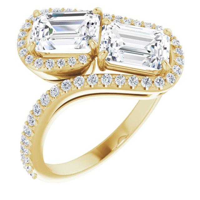 10K Yellow Gold Customizable Double Emerald/Radiant Cut 2-Stone Style Enhanced with Accented Artisan Bypass Band