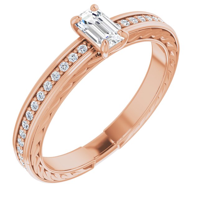 10K Rose Gold Customizable Emerald/Radiant Cut Design with Rope-Filigree Hammered Inlay & Round Channel Accents