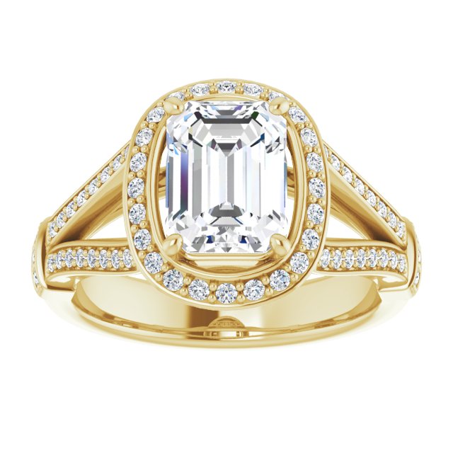 Cubic Zirconia Engagement Ring- The Cecelia  (Customizable Emerald Cut Setting with Halo, Under-Halo Trellis Accents and Accented Split Band)