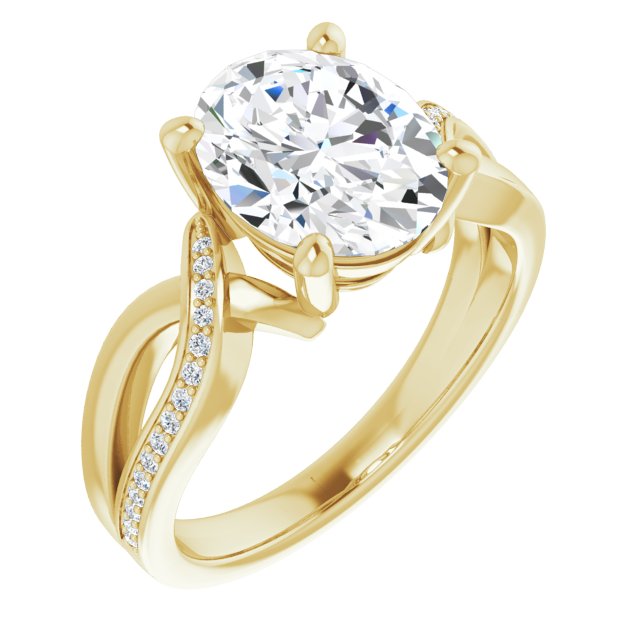 10K Yellow Gold Customizable Oval Cut Center with Curving Split-Band featuring One Shared Prong Leg