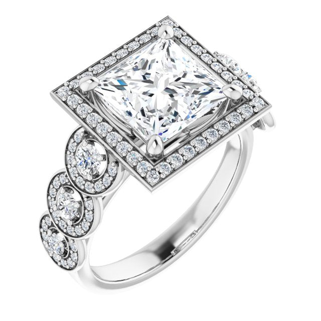 10K White Gold Customizable Cathedral-set Princess/Square Cut 7-stone style Enhanced with 7 Halos