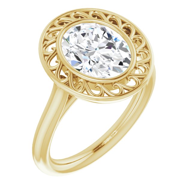 10K Yellow Gold Customizable Cathedral-Bezel Style Oval Cut Solitaire with Flowery Filigree
