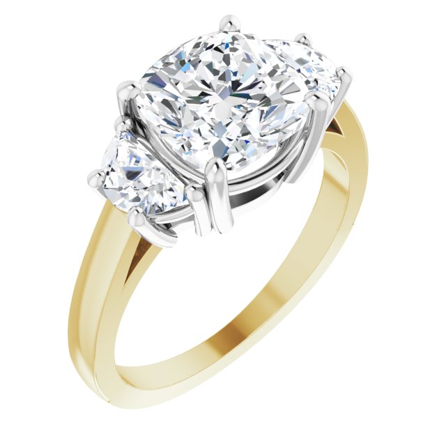 14K Yellow & White Gold Customizable 3-stone Design with Cushion Cut Center and Half-moon Side Stones