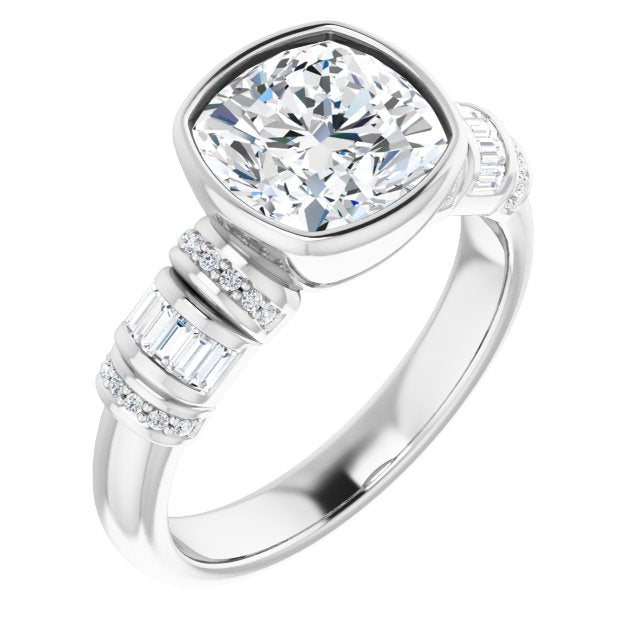 10K White Gold Customizable Bezel-set Cushion Cut Setting with Wide Sleeve-Accented Band