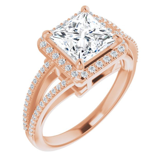 10K Rose Gold Customizable Princess/Square Cut Vintage Design with Halo Style and Asymmetrical Split-Pavé Band