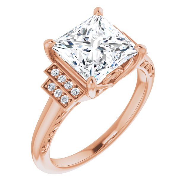 10K Rose Gold Customizable Engraved Design with Princess/Square Cut Center and Perpendicular Band Accents