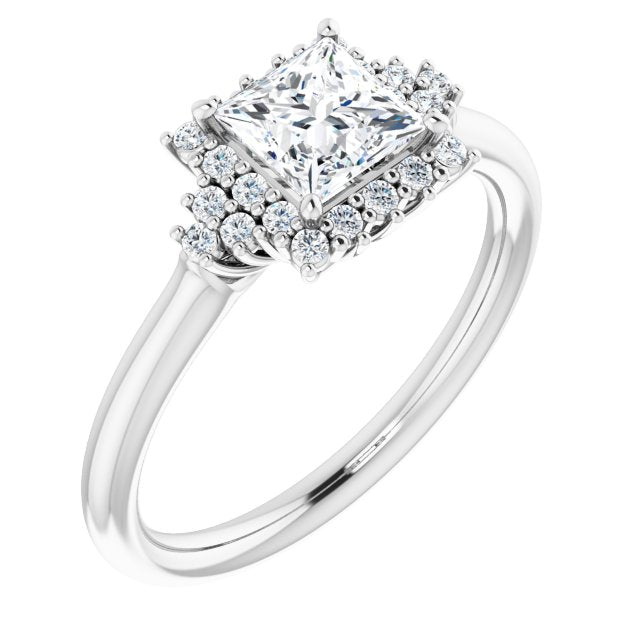 10K White Gold Customizable Princess/Square Cut Cathedral-Halo Design with Tri-Cluster Round Accents