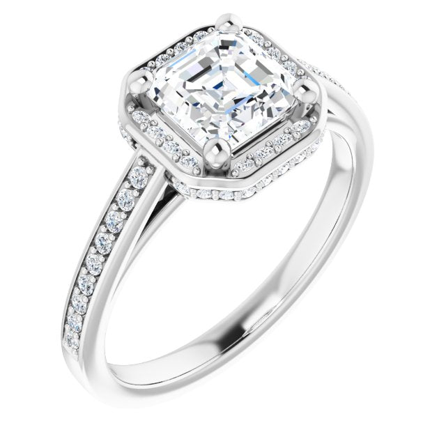 10K White Gold Customizable Cathedral-Halo Asscher Cut Design with Under-halo & Shared Prong Band