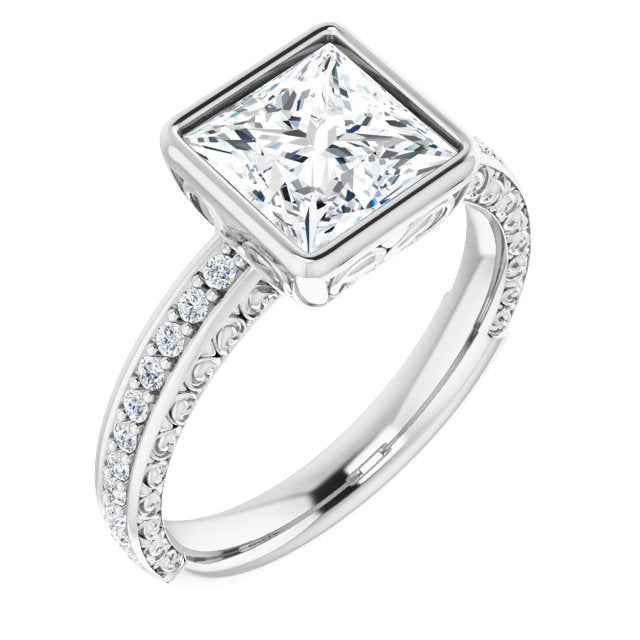 10K White Gold Customizable Bezel-set Princess/Square Cut Design with Cloud-pattern Band & Semi-Eternity Accents