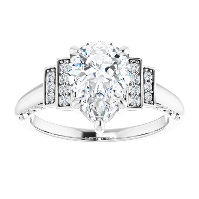 Cubic Zirconia Engagement Ring- The Brynhild (Customizable Engraved Design with Pear Cut Center and Perpendicular Band Accents)