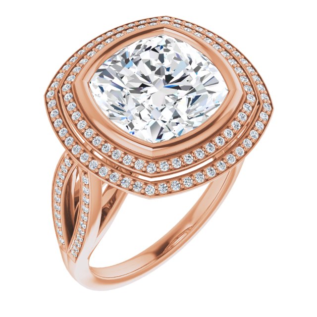 10K Rose Gold Customizable Bezel-set Cushion Cut Style with Double Halo and Split Shared Prong Band