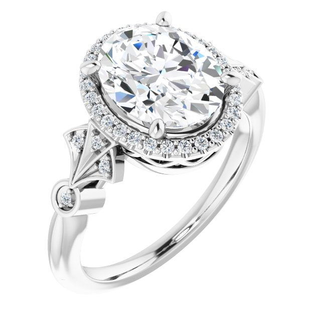 10K White Gold Customizable Cathedral-Crown Oval Cut Design with Halo and Scalloped Side Stones