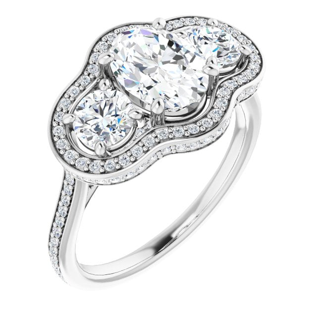 Cubic Zirconia Engagement Ring- The Iekika (Customizable 3-stone Oval Cut Design with Multi-Halo Enhancement and 150+-stone Pavé Band)