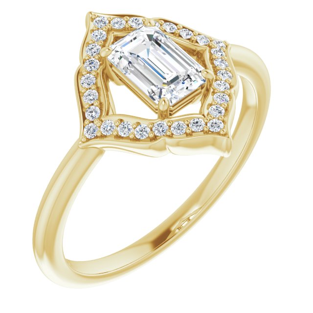 10K Yellow Gold Customizable Emerald/Radiant Cut Style with Artistic Equilateral Halo and Ultra-thin Band